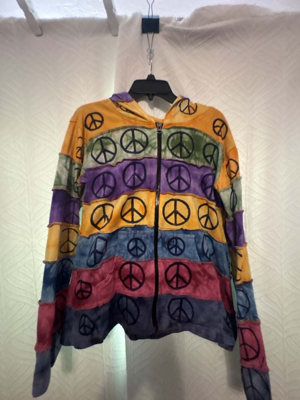 Rising International Peace Sign Multicolor Patchwork Cotton Zip Hoodie Size L